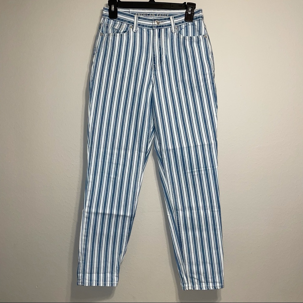 AEO Womens Mom Jean Blue White Stripe Jeans‎ 0